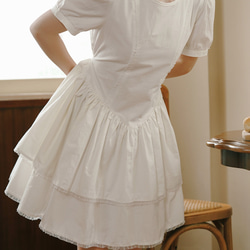 白色 法式復古百褶蛋糕洋裝 短袖夏季收腰連身裙短裙蓬蓬裙子 第12張的照片