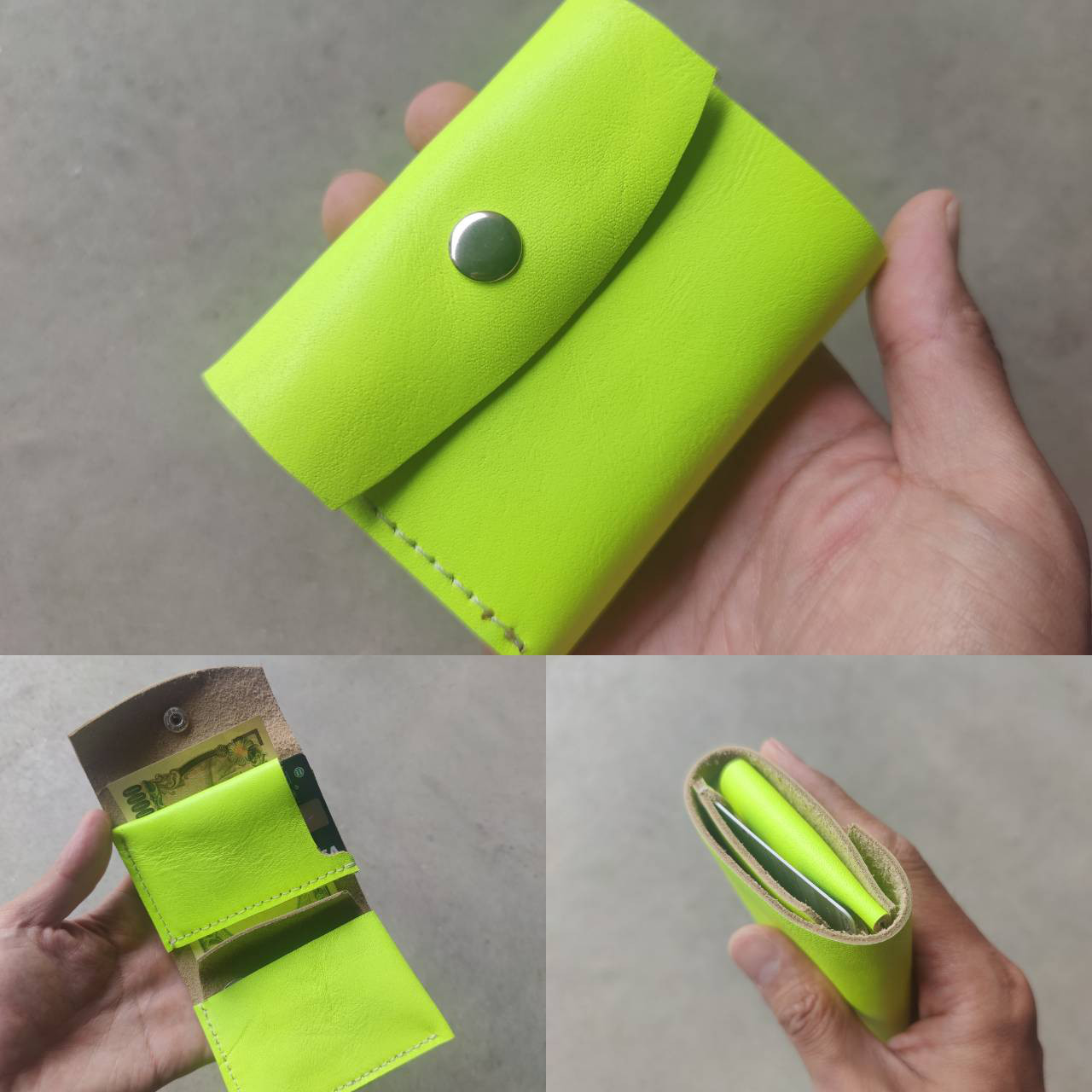 本革蛍光 ビビッドなネオンイエローレザーのコンパクトなミニ財布　お札を折らずに収納