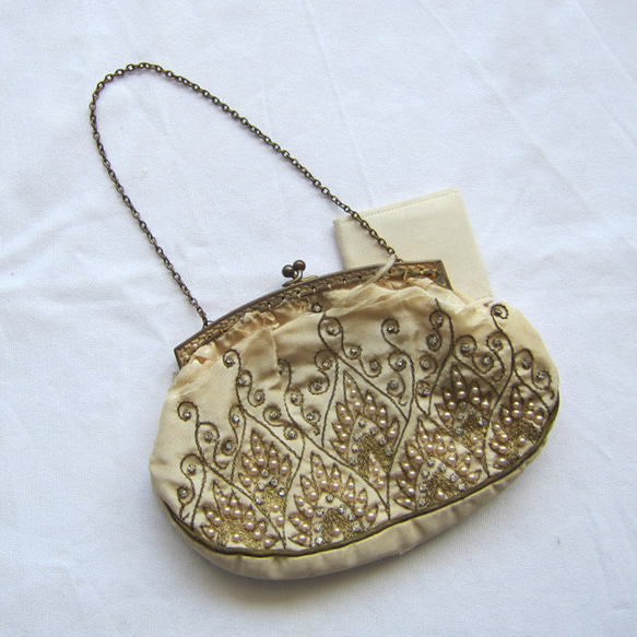 フランスアンティーク バック 口金 植物柄 真鍮製 鏡付 ビーズ シルク