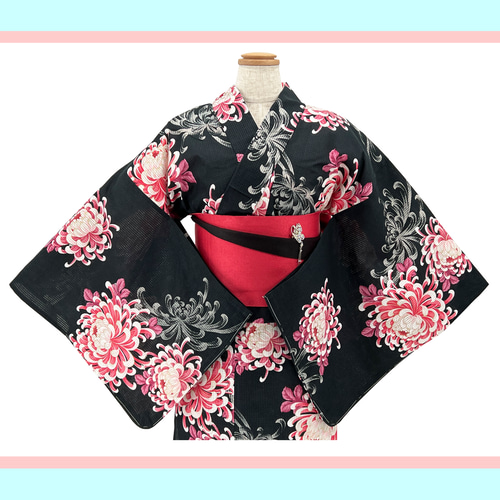 京染浴衣 浴衣単品 「菊と乱菊」 黒地赤菊 箔入り 綿紅梅 綿100