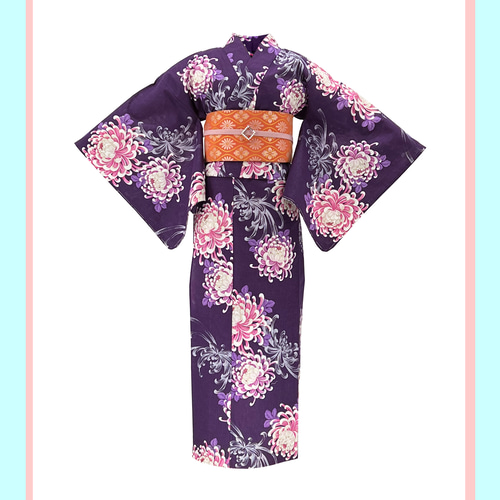 京染浴衣 浴衣単品 「菊と乱菊」 紫地 箔入り 綿紅梅 綿100% 夏