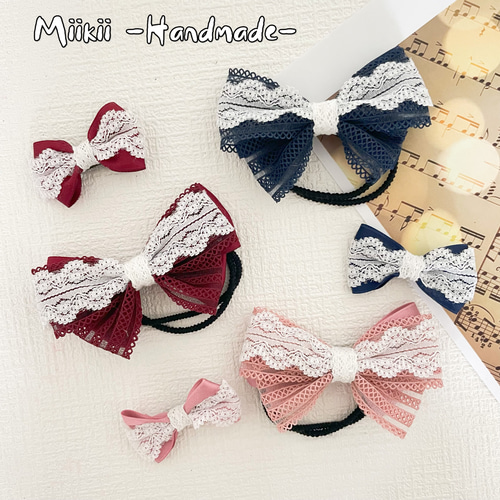 普段付け シンプル可愛いレースリボン【ピック、紺、ワインレッド  