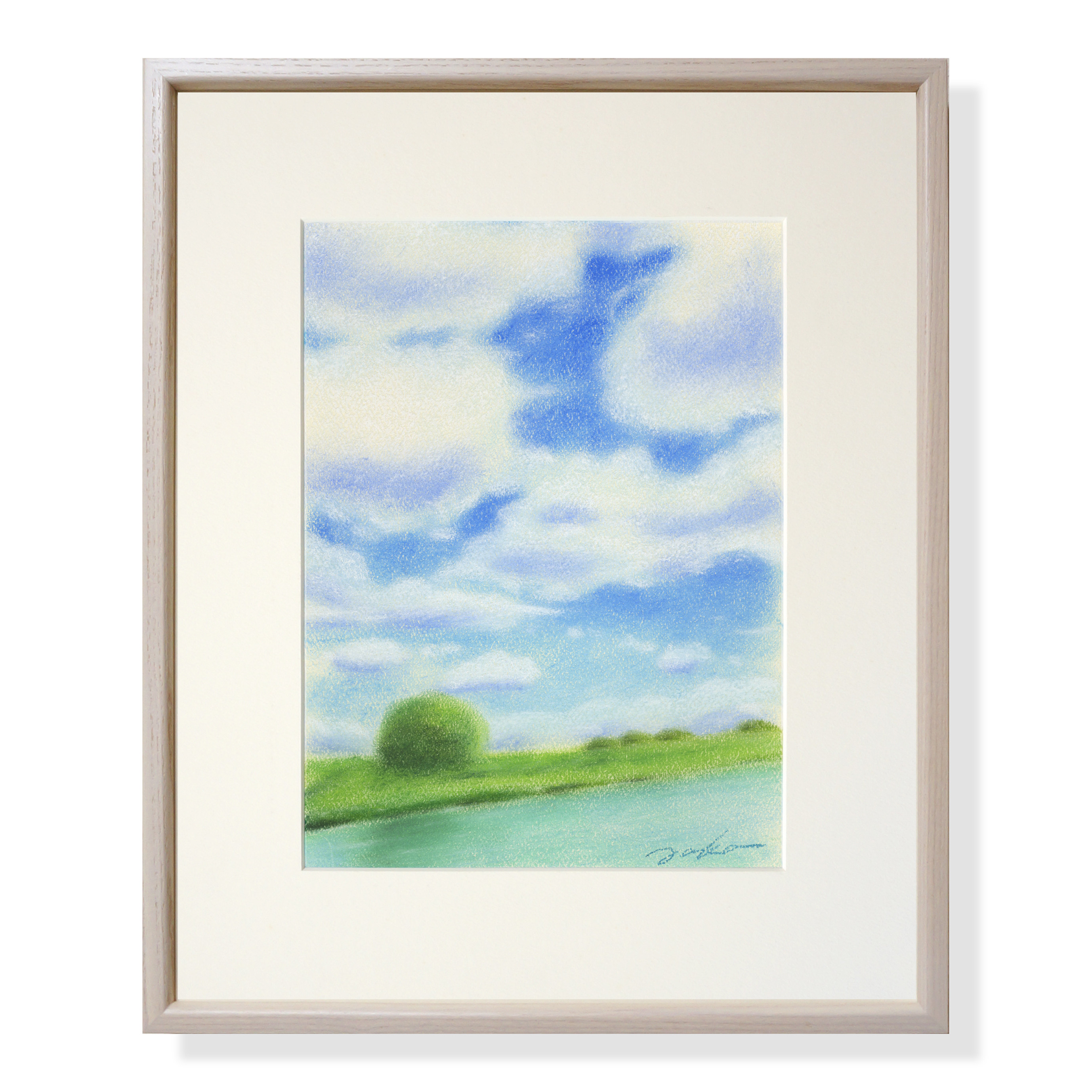 パステル画（原画）河のある風景・朝。 パステル画 静かな朝の風景（Creema限定 原画 額付） 絵画