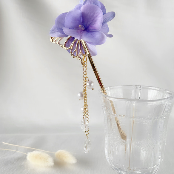 イトラベンダー　紫陽花　蝶　かんざし　造花　浴衣　アーティフィシャルフラワー　紫　梅雨　ラベンダー　ブライダル６月 2枚目の画像