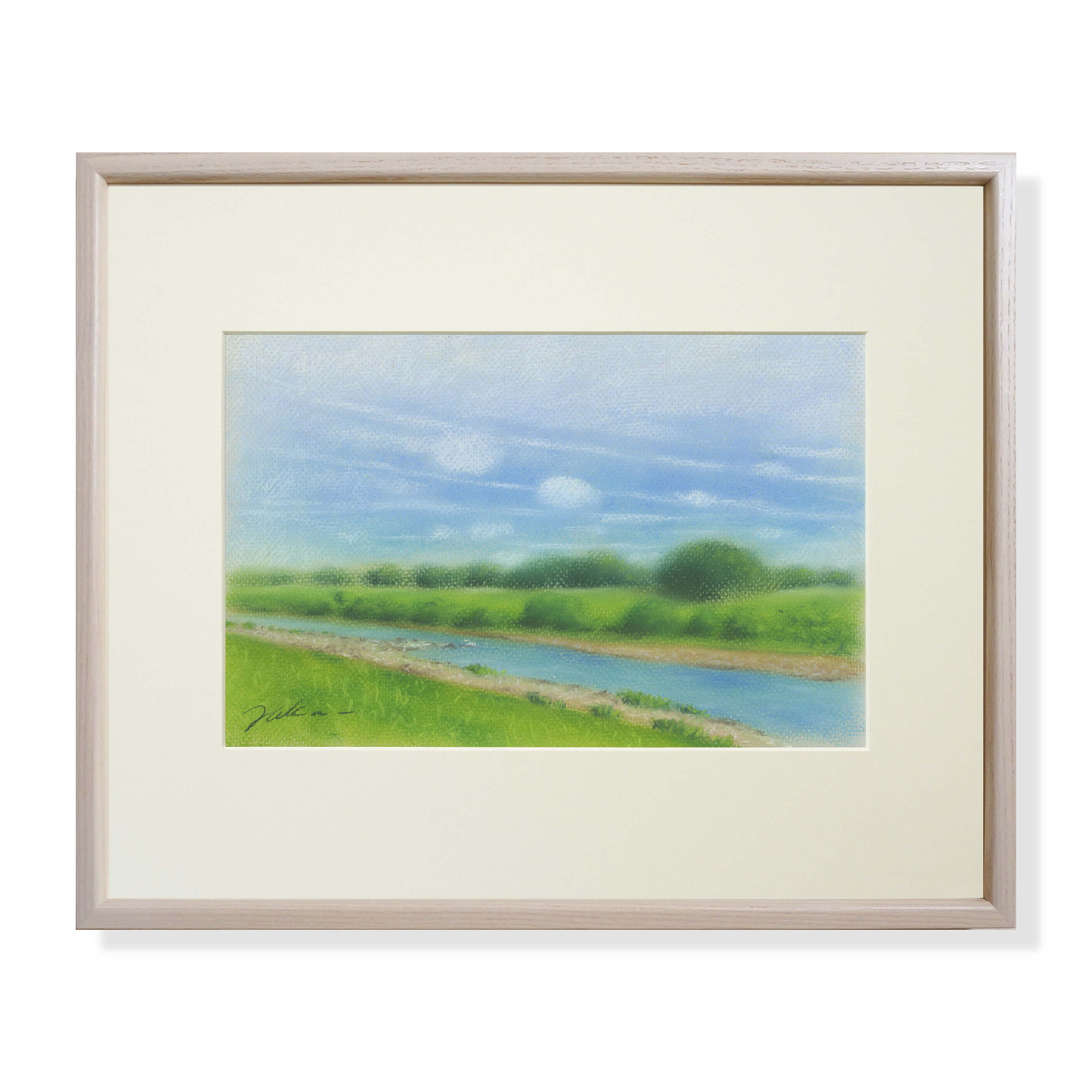 パステル画（原画）河のある風景。