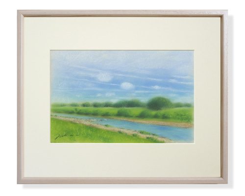 パステル画（原画）河のある風景・朝。 河のある風景：朝（パステル画・マット紙付き）額縁：四つ 絵画