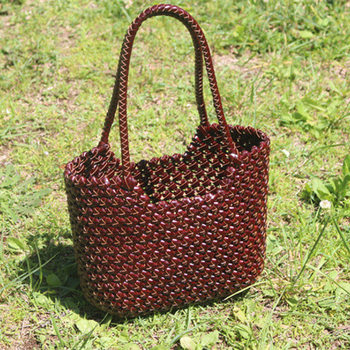 牛革 革編み込み 山葡萄風 六角花結び編み かごバッグ 籠 BAG 牛革 革編み込み 山葡萄風 六角花結び編み かごバッグ 籠 BAG