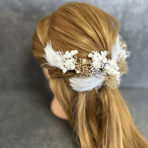 髪飾り 結婚式 成人式 卒業式 かすみ草 羽 ヘアアクセサリー