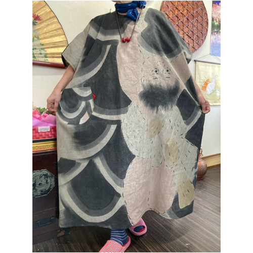 鯉のぼり(木綿)の金太郎さん柄柿渋染めワンピース 古布リメイク