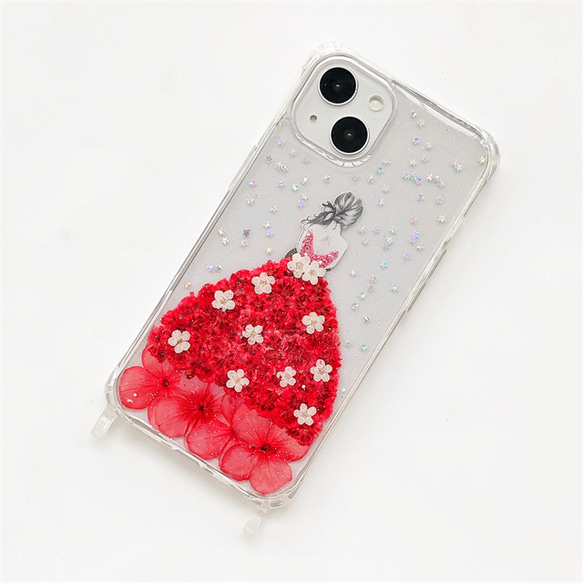 赤いドレス スマホショルダー  押し花ケース iPhone14Pro/SE/13Pro 斜め掛け ストラップスマホケース 5枚目の画像