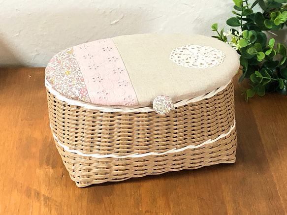 リバティ ピンク 小物入れ 蓋付きカゴ クラフトバンド レース リバティ ピンク 小物入れ 蓋付きカゴ クラフトバンド レース