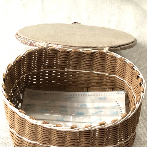 リバティ ピンク 小物入れ 蓋付きカゴ クラフトバンド レースモチーフ