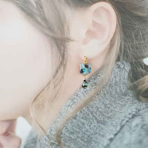 猫ピアス☆イヤリング☆チェコガラス☆サバトラ猫☆レジン☆猫 猫ピアス☆イヤリング☆チェコガラス☆サバトラ猫☆レジン☆猫