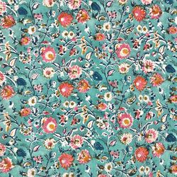 [50cm單位]藍綠色粉紅色花朵印度手工塊印花布料紡織棉 第4張的照片
