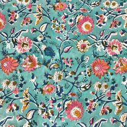 [50cm單位]藍綠色粉紅色花朵印度手工塊印花布料紡織棉 第3張的照片