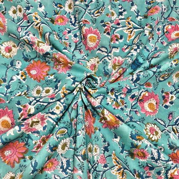 [50cm單位]藍綠色粉紅色花朵印度手工塊印花布料紡織棉 第1張的照片