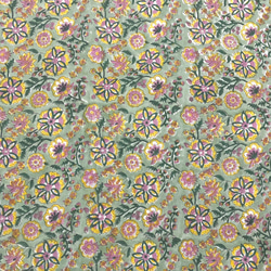 [50cm單位]深綠色黃色粉紅色花朵印度手工塊印花織物紡織棉 第4張的照片
