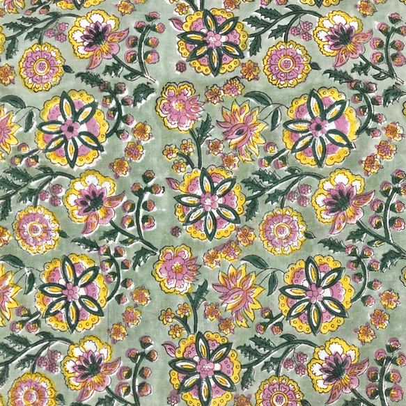 [50cm單位]深綠色黃色粉紅色花朵印度手工塊印花織物紡織棉 第3張的照片