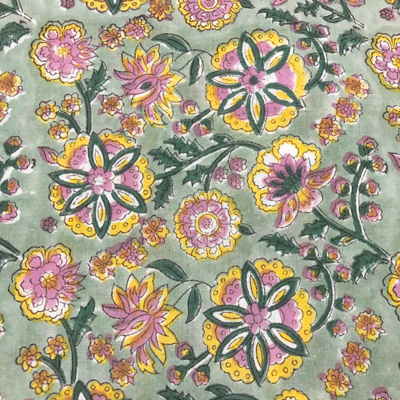 [50cm單位]深綠色黃色粉紅色花朵印度手工塊印花織物紡織棉 第2張的照片