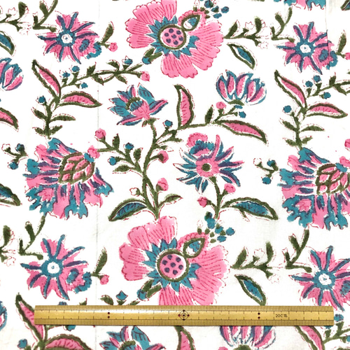 M】中綿入り リバーシブルブロックプリント 花柄 ピンク×グリーン 407