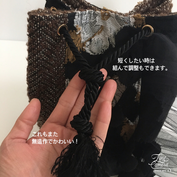 インド刺繍リボンと帆布の丸底巾着バッグ◇きなりlace 14枚目の画像