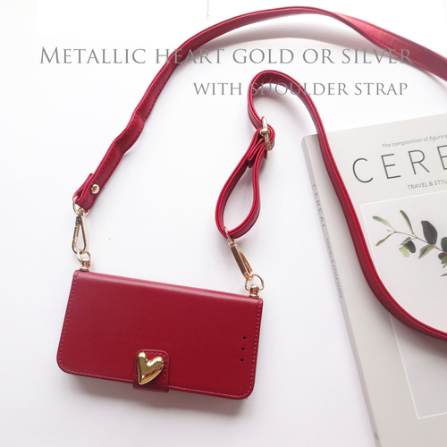 ショルダーストラップ付き【iphone各種】手帳型 スマホケース ワイン