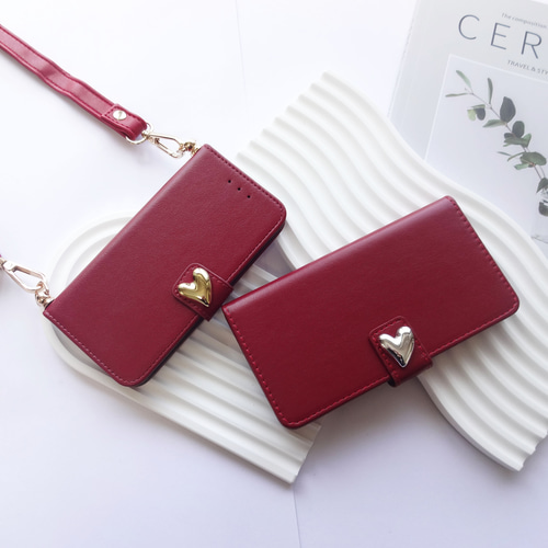 ショルダーストラップ付き【iphone各種】手帳型 スマホケース ワイン