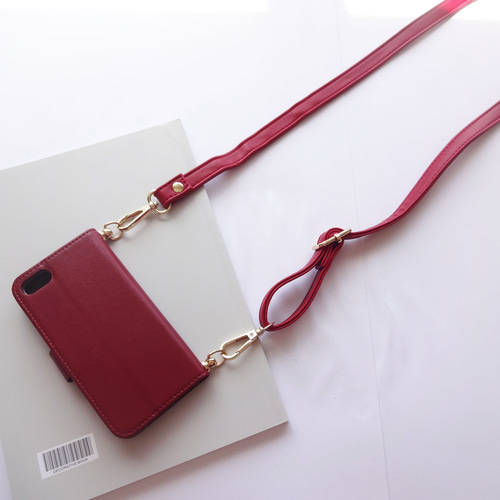 ショルダーストラップ付き【iphone各種】手帳型 スマホケース ワイン