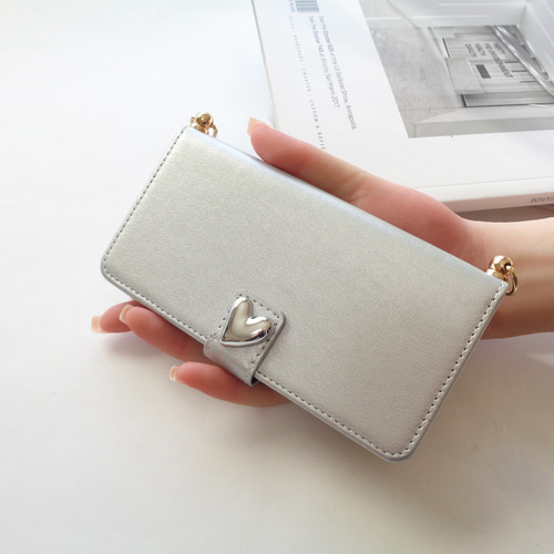 ショルダーストラップ付き【iphone各種】手帳型 スマホケース シルバー