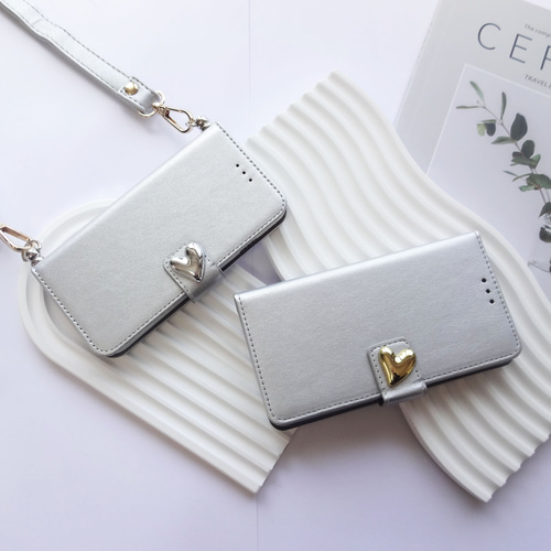 ショルダーストラップ付き【iphone各種】手帳型 スマホケース シルバー