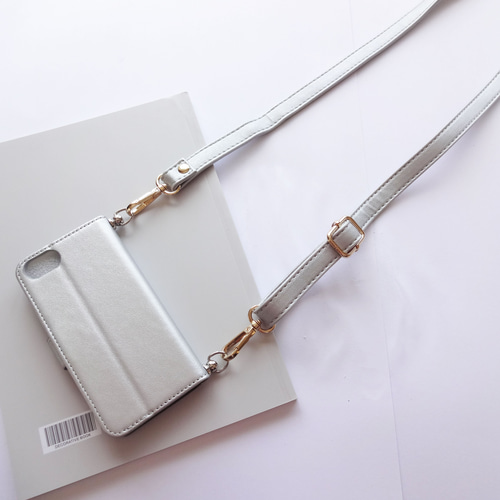 ショルダーストラップ付き【iphone各種】手帳型 スマホケース シルバー