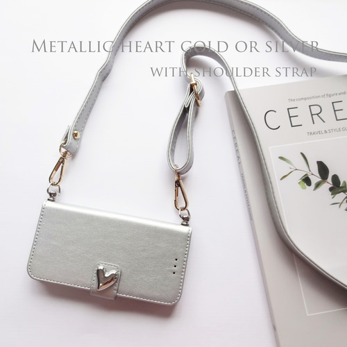 ショルダーストラップ付き【iphone各種】手帳型 スマホケース シルバー