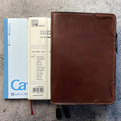 【手縫】チョコ本革B6手帳カバー（角飾り）2本しおり付（バタフライストッパー） 11枚目の画像