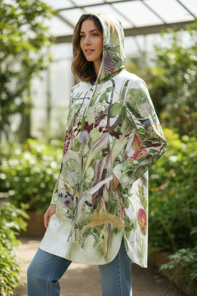 極楽鳥花全面柄レインコート　防水ジャケット