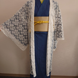 １点物　適度な透け感と立体感のある柄が魅力のオーダードレスに使用するオフ白の高級日本製レースで作製した長羽織 7枚目の画像