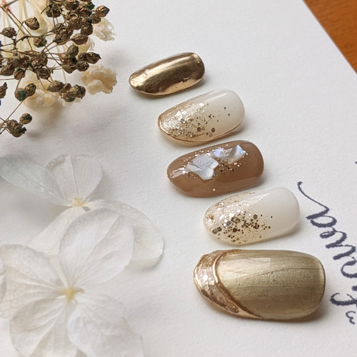 ◎no.008◎淡色×ゴールド ネイルチップ 結婚式 成人式 卒業式 アイボリー ◎no.008◎淡色×ゴールド ネイルチップ 結婚式 成人式 卒業式