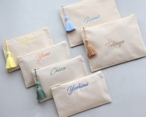 名入れ 刺繍フラットポーチ｜通帳 母子手帳｜サイズ2種 選べるタッセル