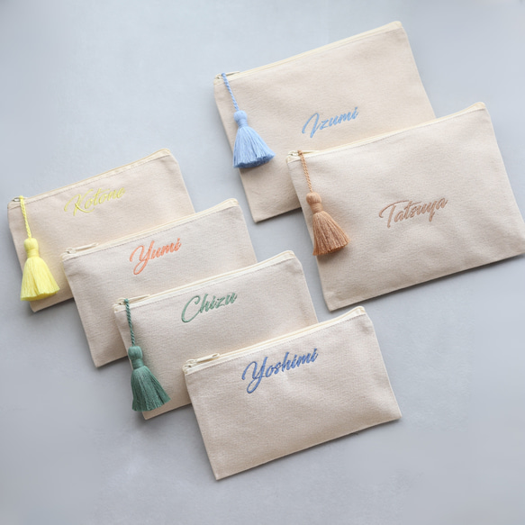 名入れ 刺繍フラットポーチ｜通帳 母子手帳｜サイズ2種 選べるタッセル