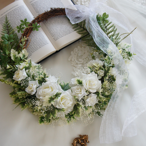 ☆ブートニア付き white wedding【ウェディングリースブーケ ☆ブートニア付き white wedding【ウェディングリースブーケ
