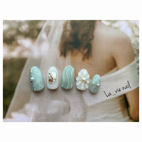 ブライダルネイル ブルーネイル グリーンネイル ぷっくりフラワー 大人  