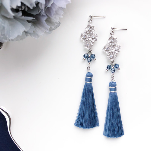 再販8フリンジネイビーピアスイヤリング春タッセルアクセサリー夏