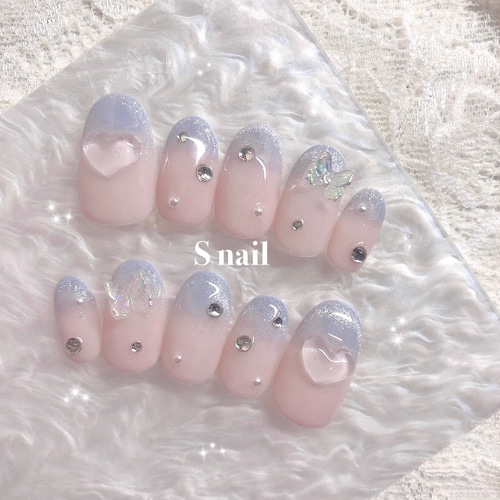 ネイルチップ ピンク 水色 青 マグネットネイル グラデーション ハート  