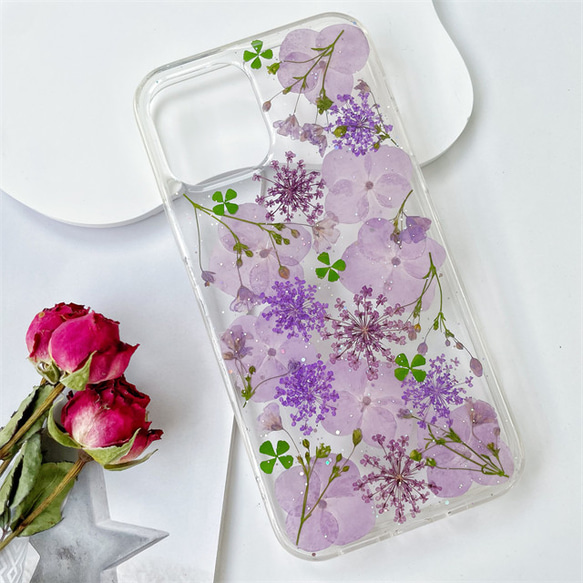 紫陽花押し花スマホケース、全機種対応、四隅にショルダーホール、手帳型、スマホリング、iPhone14、iPhone13 2枚目の画像