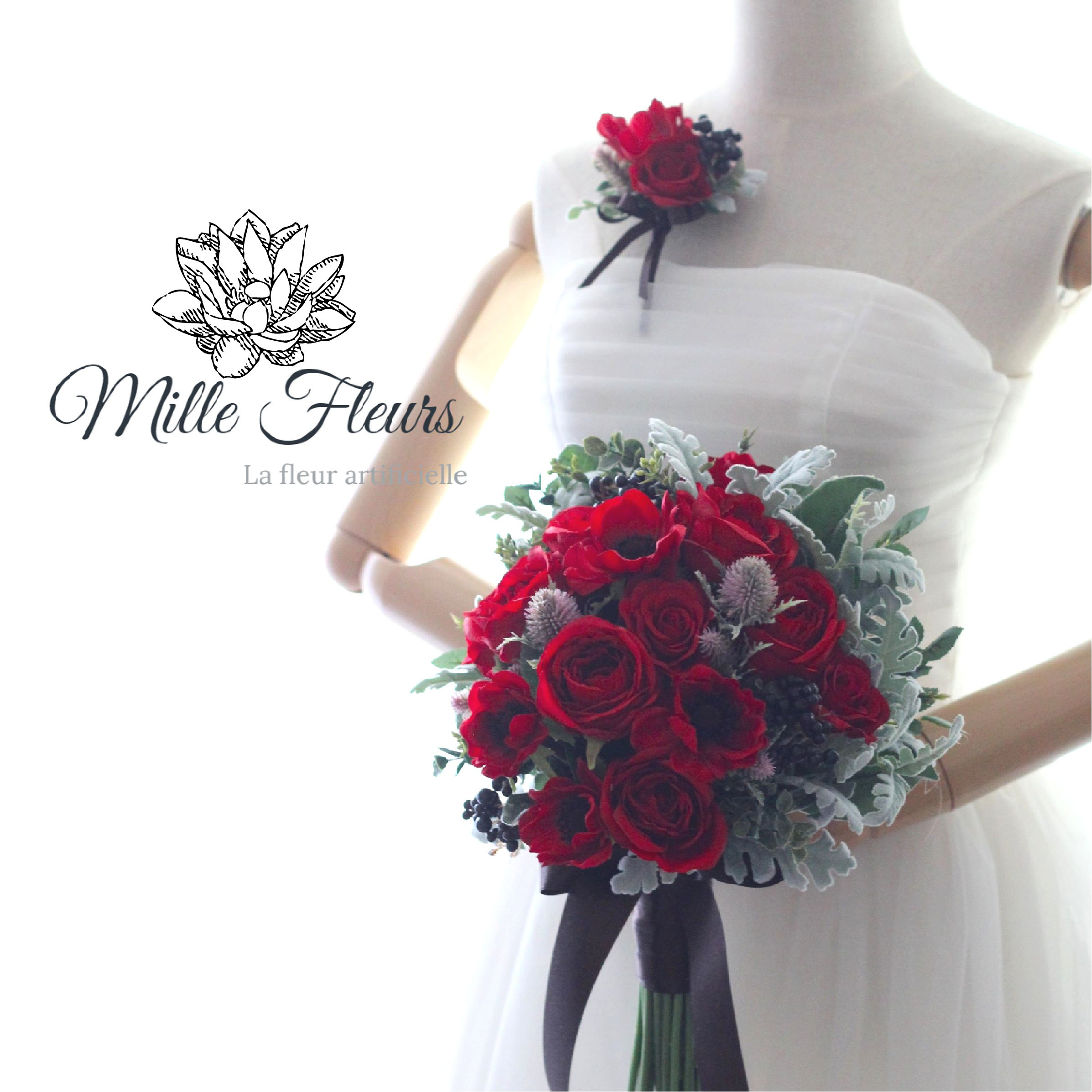 赤アネモネ　バラ　クラッチブーケ ブートニア付