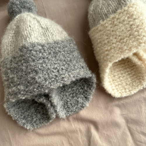 手作りニット帽ビーニーシルクリボンアルパカ混ボルドーグレー