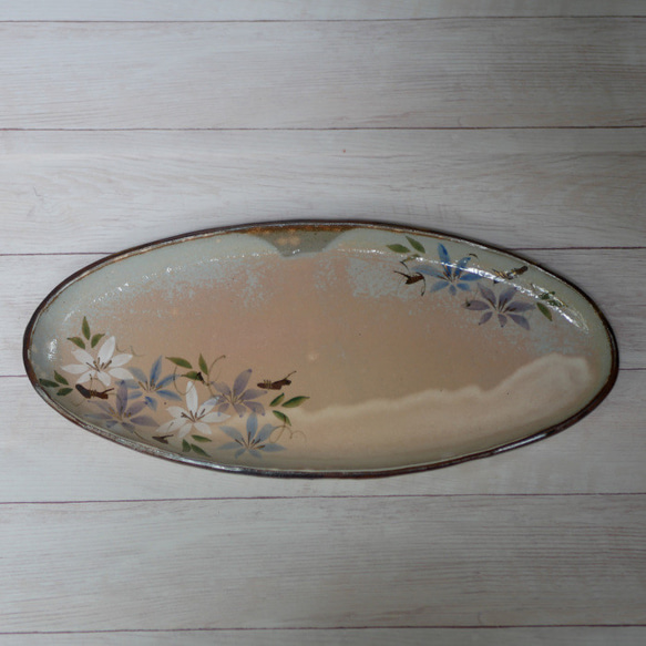 京焼・清水焼　色絵楕円皿（鉄線）再販　赤め 1枚目の画像