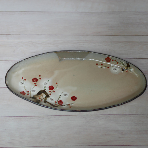 京焼・清水焼　色絵楕円皿（紅白梅）再販　ご予約のお客様分 1枚目の画像