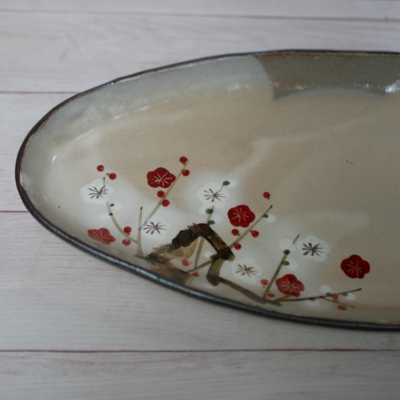 京焼・清水焼　色絵楕円皿（紅白梅）再販　ご予約のお客様分 3枚目の画像