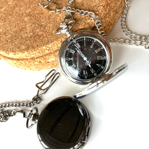 メタルブラック・フェイス 懐中時計 クリップチェーンつき フック