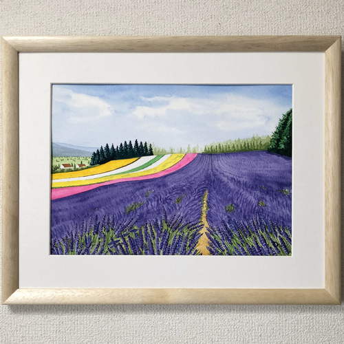 透明水彩画　原画　「ラベンダー畑04」額縁付　SMサイズ　風景画 透明水彩画 原画 「ラベンダー畑04」額縁付 SMサイズ 風景画